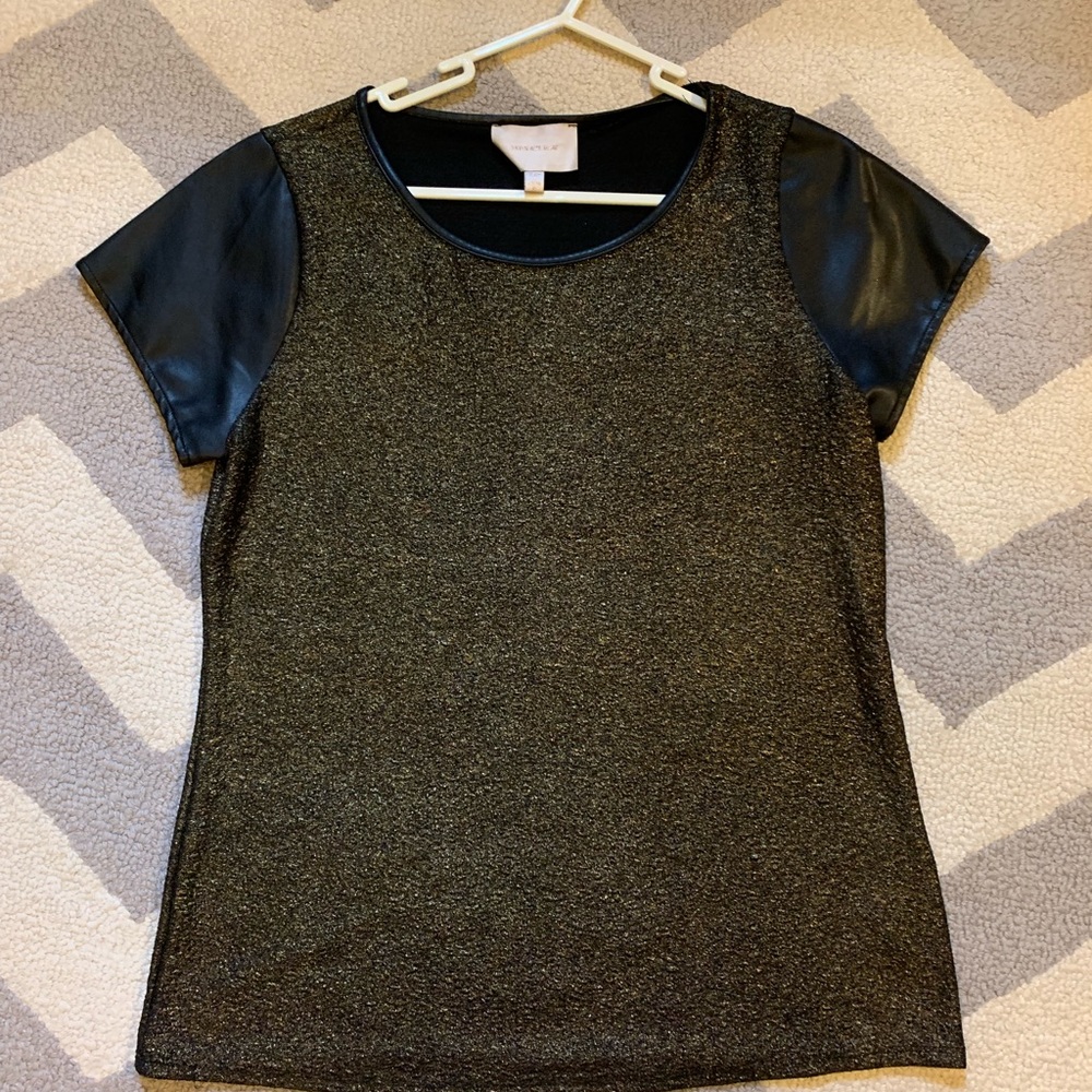 Hepburn faux leather sleeve shimmer top